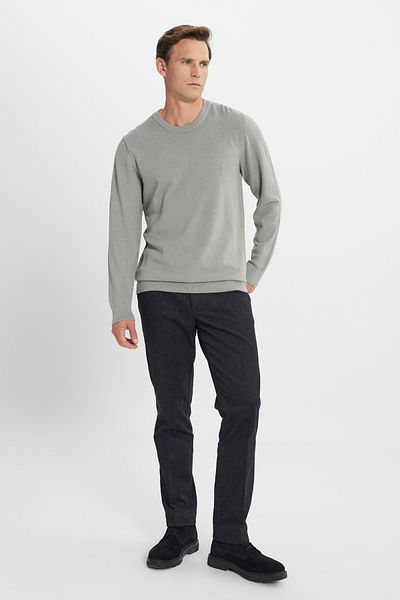 ALTINYILDIZ CLASSICS Ανδρικό πλεκτό πουλόβερ Aqua Green Cotton Standard Fit με κανονική εφαρμογή με λαιμόκοψη ζακάρ