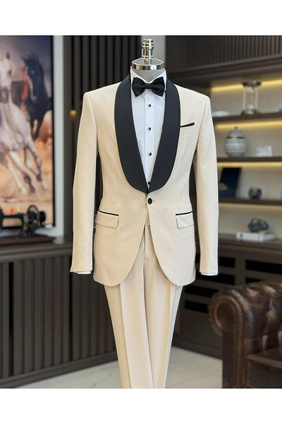 TerziAdemAltun Beige Colored Italian Cut Slim Fit Shawl Collar Jacket and Pants Set - T11900