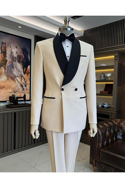TerziAdemAltun Beige Colored Italian Cut Slim Fit Shawl Collar Jacket and Trousers Set - Groom Suit T11949