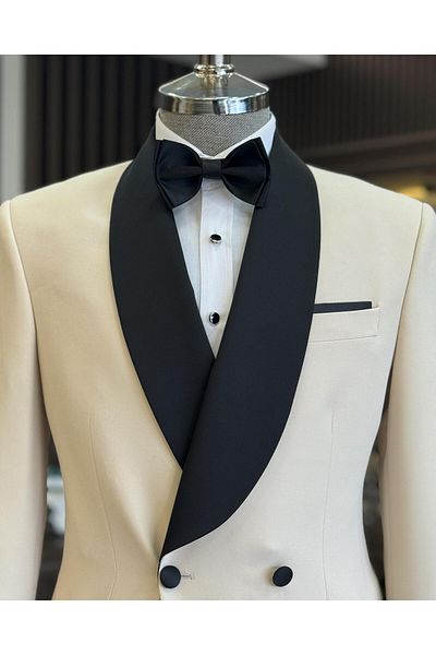 TerziAdemAltun Beige Colored Italian Cut Slim Fit Shawl Collar Jacket and Trousers Set - Groom Suit T11949
