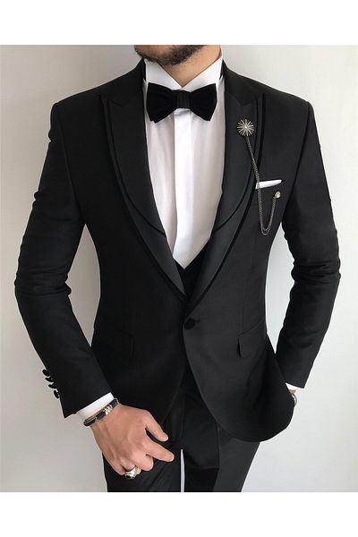 TerziAdemAltun Black Italian Cut Jacket Vest Pants Set - Groomsuit T7845