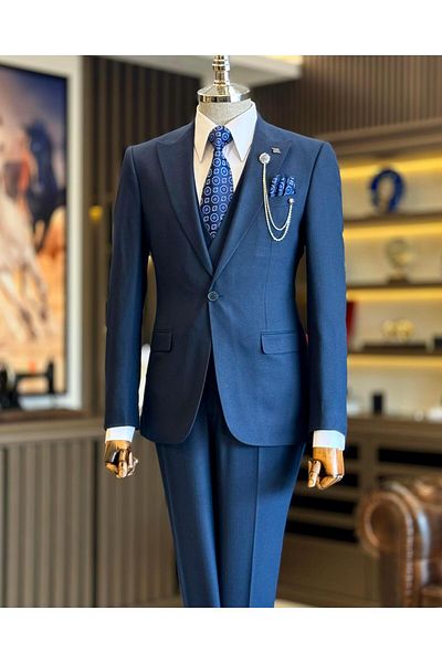 TerziAdemAltun Navy Blue Italian Style Jacket Vest Trousers Set - T12866