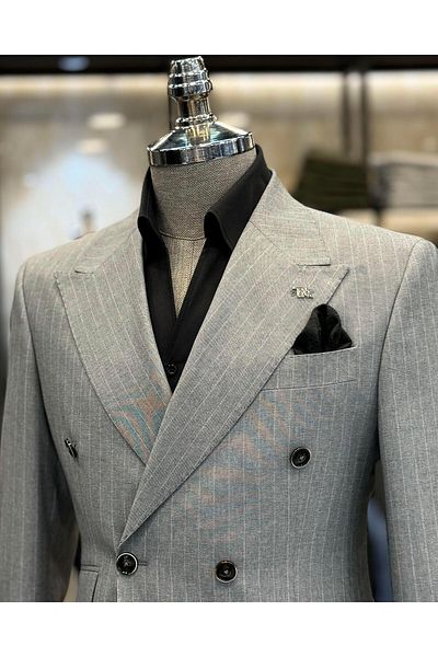 TerziAdemAltun Gray Italian Style Slim Fit Striped Double Breasted Jacket and Pants Set - T12582
