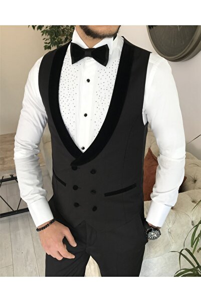 TerziAdemAltun Italian Cut Slim Fit Jacket Vest Pants Groom Suit Set Black T8240