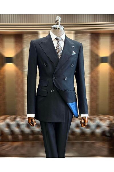 TerziAdemAltun Navy Blue Slim Fit Striped Double Breasted Jacket and Trousers Set - T11687