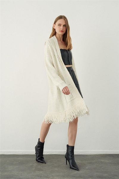 SHERIN Ecru Open-Front Knitted Cardigan with Openwork