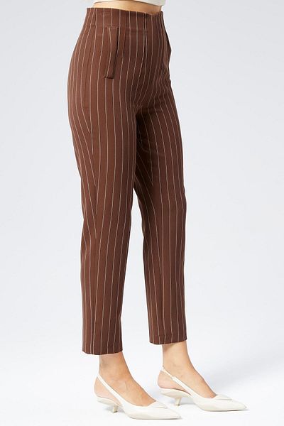 Appleline High Waist and Pocket Ankle Length Striped Women's Trousers - Brown