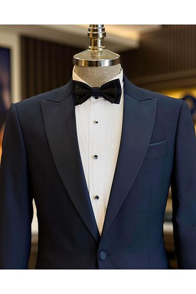 TerziAdemAltun Navy Blue Slim Fit Italian Cut Pointed Collar Jacket and Trousers Set - T11837