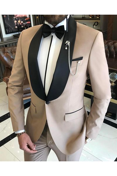 TerziAdemAltun Italian Cut Slim Fit Shawl Collar Jacket Trousers Groom Suit Set Camel T9177