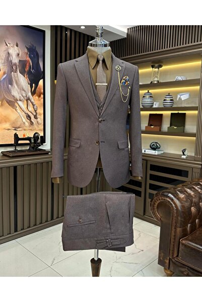 TerziAdemAltun Jachetă în stil italian vestă pantaloni plisați costum maro T1...