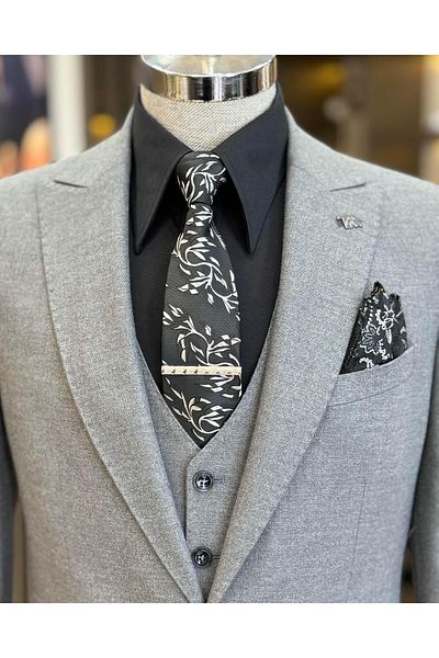 TerziAdemAltun Γκρι Σετ ιταλικού στυλ Slim Fit Jacket γιλέκο και παντελόνι - T11397