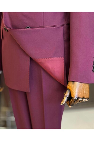 TerziAdemAltun İtalyan stil slim fit kruvaze ceket pantolon takım elbise bordo T12596
