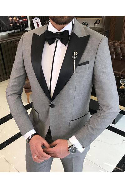 TerziAdemAltun Italian Cut Slim Fit Pointed Collar Jacket Trousers Groom Suit Set Gray T9188
