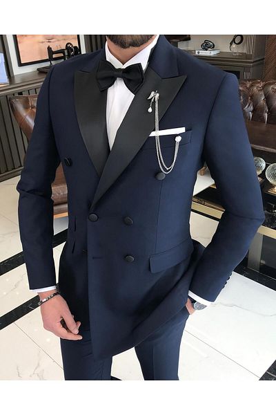 TerziAdemAltun Navy Blue Slim Fit Italian Cut Groom Suit Jacket and Pants Set - T9214