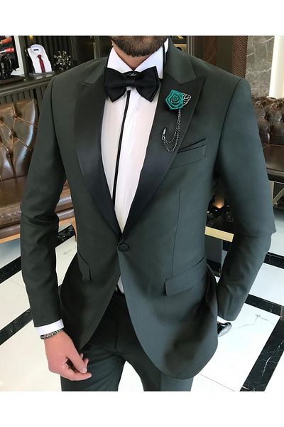 TerziAdemAltun Italian Cut Slim Fit Pointed Collar Jacket Trousers Groom Suit Set Green T9189