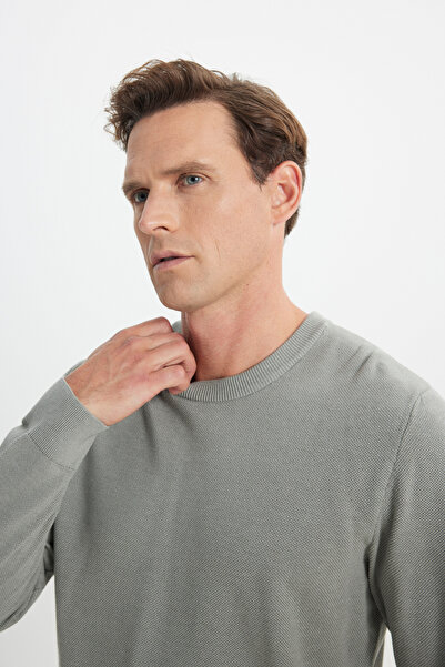 ALTINYILDIZ CLASSICS Erkek Su Yeşili Pamuklu Standart Fit Normal Kesim Bisiklet Yaka Jakarlı Triko Kazak