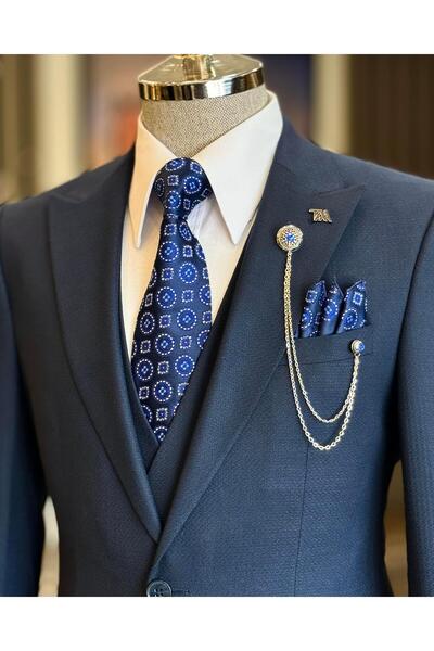 TerziAdemAltun Navy Blue Italian Style Jacket Vest Trousers Set - T12866