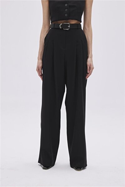 SHERIN Black Double Pleated Wide Leg Trousers