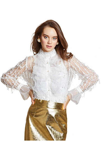 SERPİL Fırfırlı Transparan Dantel Ekru Gömlek 30640