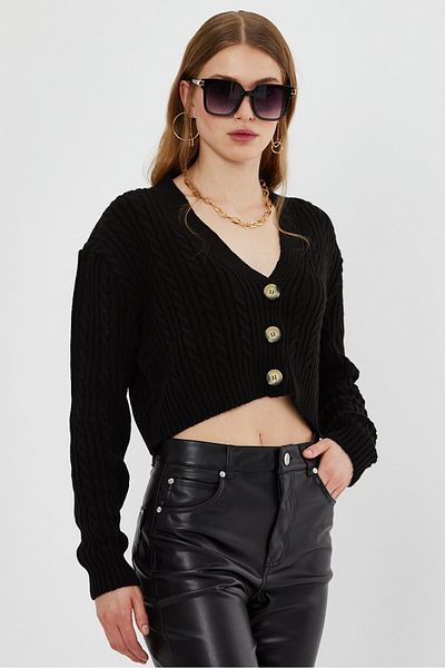 SHERIN Black Hair Knitted Patterned Knitted Cardigan