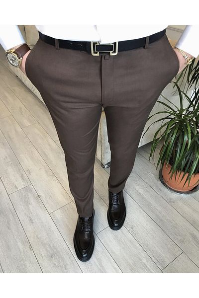 TerziAdemAltun Italian Style Slim Fit Men's Fabric Trousers Brown T4911