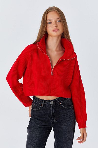 Mixray 6752 Model Red Women's Crop Zippered Sweater