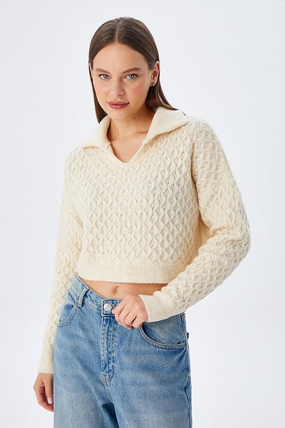 Mixray 6896 Women's Knitted Detailed Crop Knitwear Sweater Natural