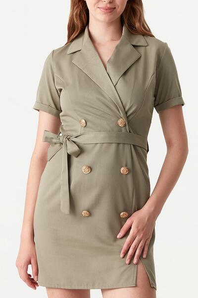 Select Moda Women's Khaki Button Detailed Belted Jacket Dress