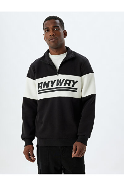 Koton Baumwollmischung mit Farbblock-Slogan-Print – Sweatshirt mit halbem Reißverschluss