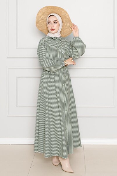 Sevitli Φόρεμα με ρίγες σε χακί χρώμα με κουμπιά στο πάτο