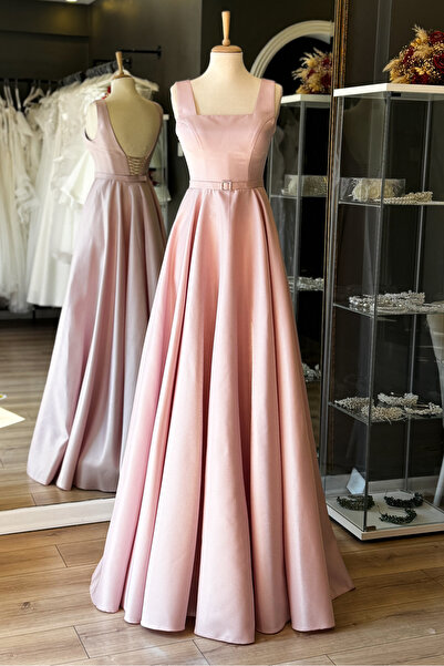 Lenta Moda Pudra Kare Yaka Işık Saten Maxi Boy Saten Abiye Ve Gece Elbisesi