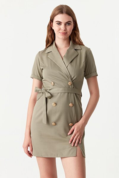 Select Moda Women's Khaki Button Detailed Belted Jacket Dress