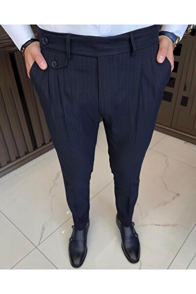 TerziAdemAltun بنطال رجالي مخطط ذو قصة ضيقة على الطراز الإيطالي باللون الأزرق...