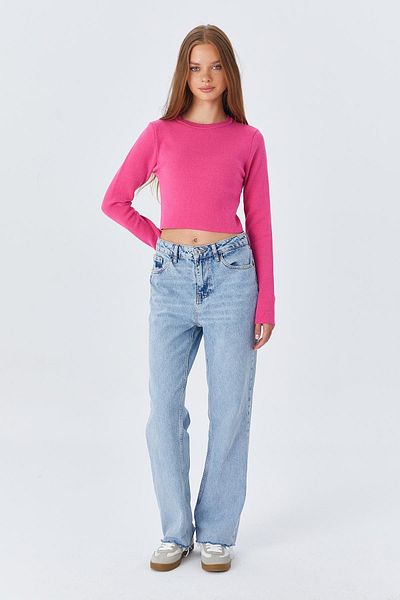 Mixray Fuchsia 6727 Women's Crop Knitwear Sweater - Crew Neck