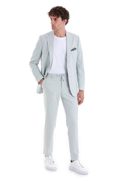 Hatemoğlu Mavi Slim Fit Düz Mono Yaka Keten Takım Elbise