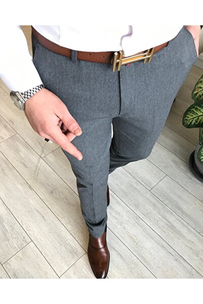 TerziAdemAltun Ανδρικό υφασμάτινο παντελόνι ιταλικού στυλ s εφαρμοστό Anthracite T4493