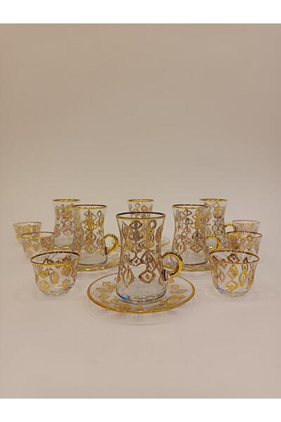 Saray Ottoman handicraft Gold Exclusive Lüks Çay Seti 18 Parça Bag Kulplu Ve ...