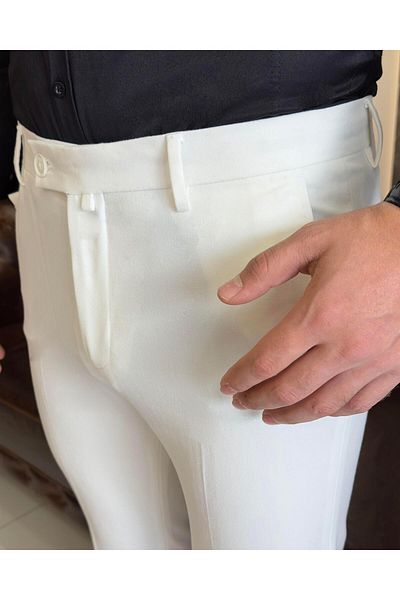 TerziAdemAltun Italian style slim fit men's fabric pants ecru T9765