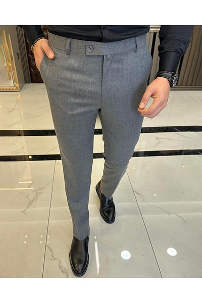 TerziAdemAltun Italian Cut Slim Fit Dark Gray Fabric Trousers T3483