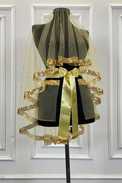 ZEYMERADE Gold Pul Payet ve İncili Gelin Duvak Seti, Kına Gecesi Duvağı Alı Ö...