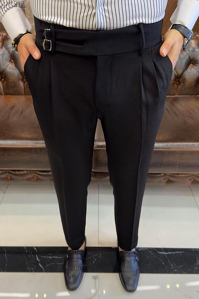 TerziAdemAltun Italian Cut Belted Pleated Black Fabric Trousers T10800