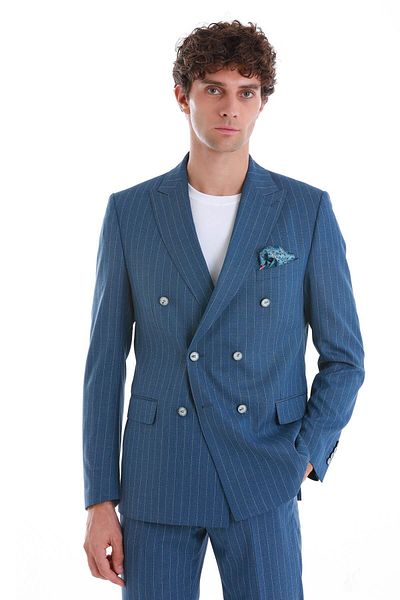 Hatemoğlu Blue Slim Fit Striped Double Breasted Suit