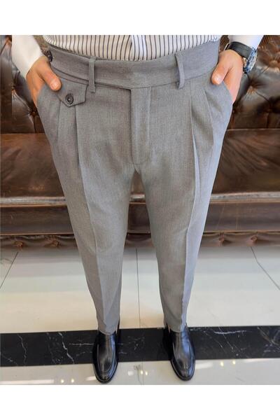 TerziAdemAltun Italian Style Slim Fit Men's Pleated Fabric Trousers Anthracite T8849