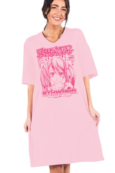 ROCKANDROLL أنيمي فتاة الوردي الخامس الرقبة نصف كم طول الركبة فستان المنزل عادية ثوب النوم