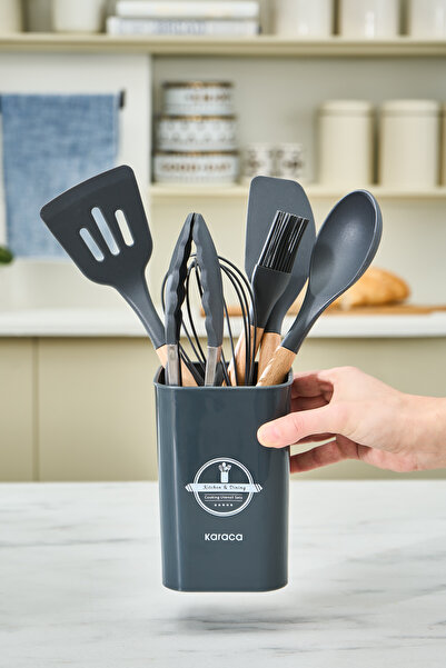 Karaca Zoey 7 Pieces - Beech Wood Handle Silicone Headed Serving Set Anthracite