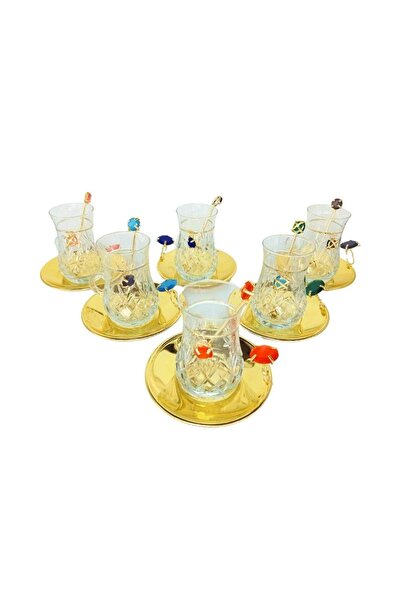 Saray Ottoman handicraft Yüzük Taş 18 Parça Kulplu Çay Seti