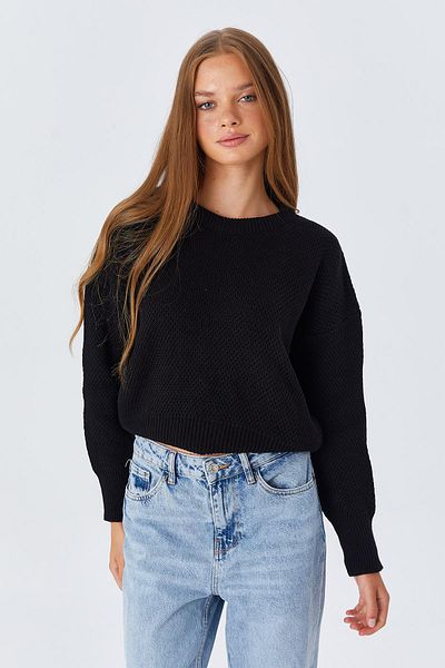 Mixray 6795 Honeycomb Patterned Black Crop Knitwear Women's Sweater