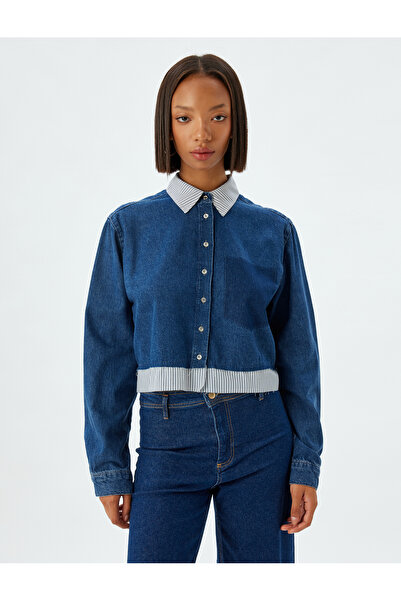 Koton Cămașă Crop Denim cu mânecă lungă și buzunar - Guler clasic