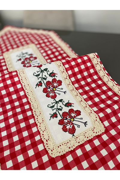 Parla Life Red Gingham Cross Stitch Embroidered Slanted Runner (Processings Change)