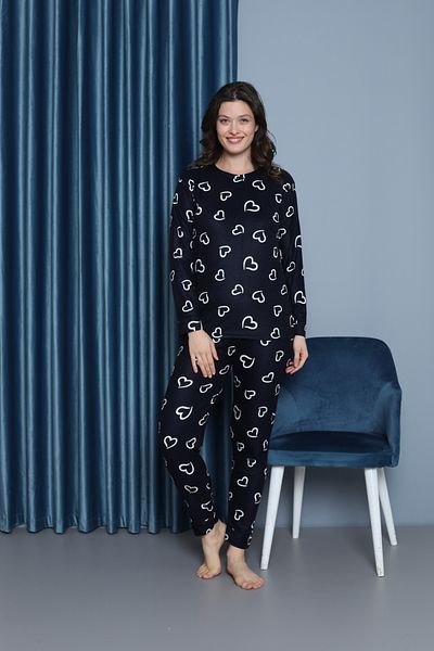 TAMPAP 214 Suede Null Collar Heart Women's Pajamas Set Navy Blue